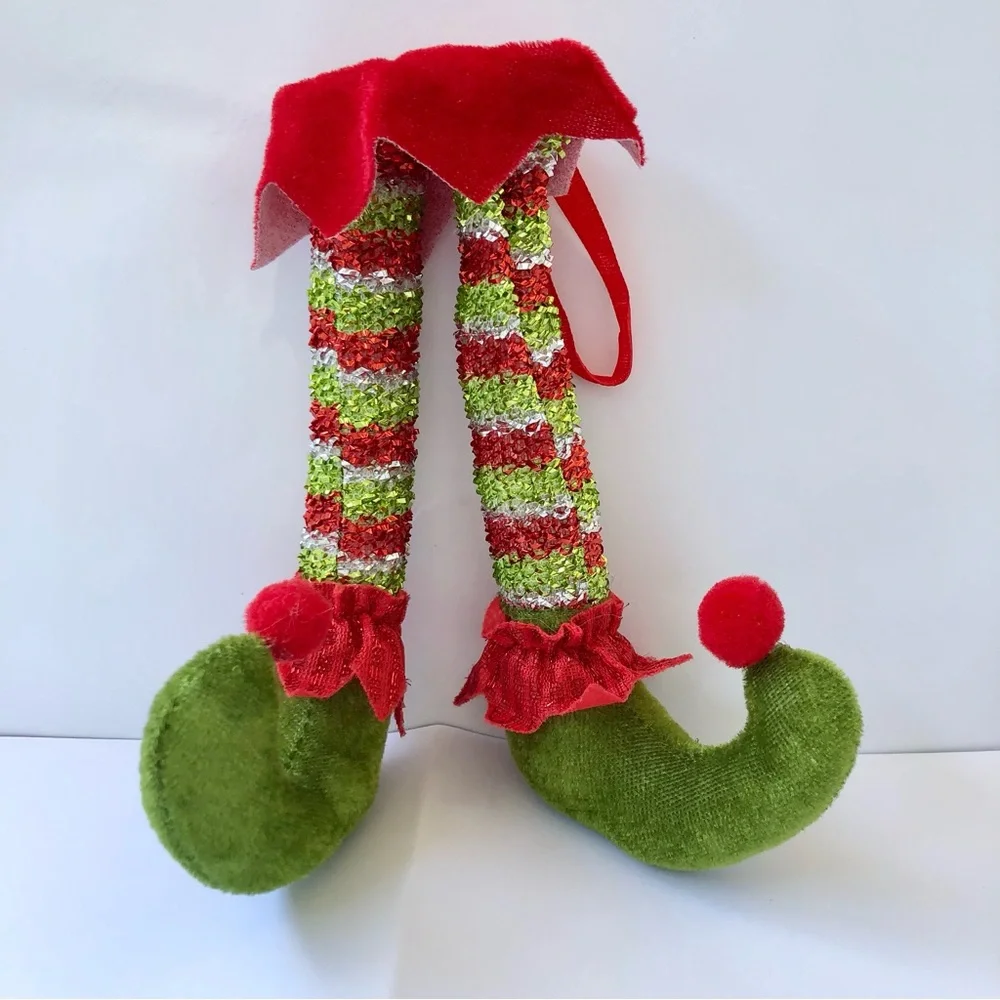 Festive Pixie Elf Legs shoes Christmas Ornament - Red & Green sparkle Grinch